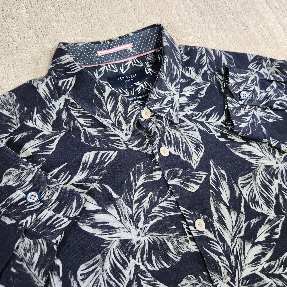 Ted Baker Shirt Men 5 Floral AOP Button Up Chambray Cotton Blue Wealth Luxury
